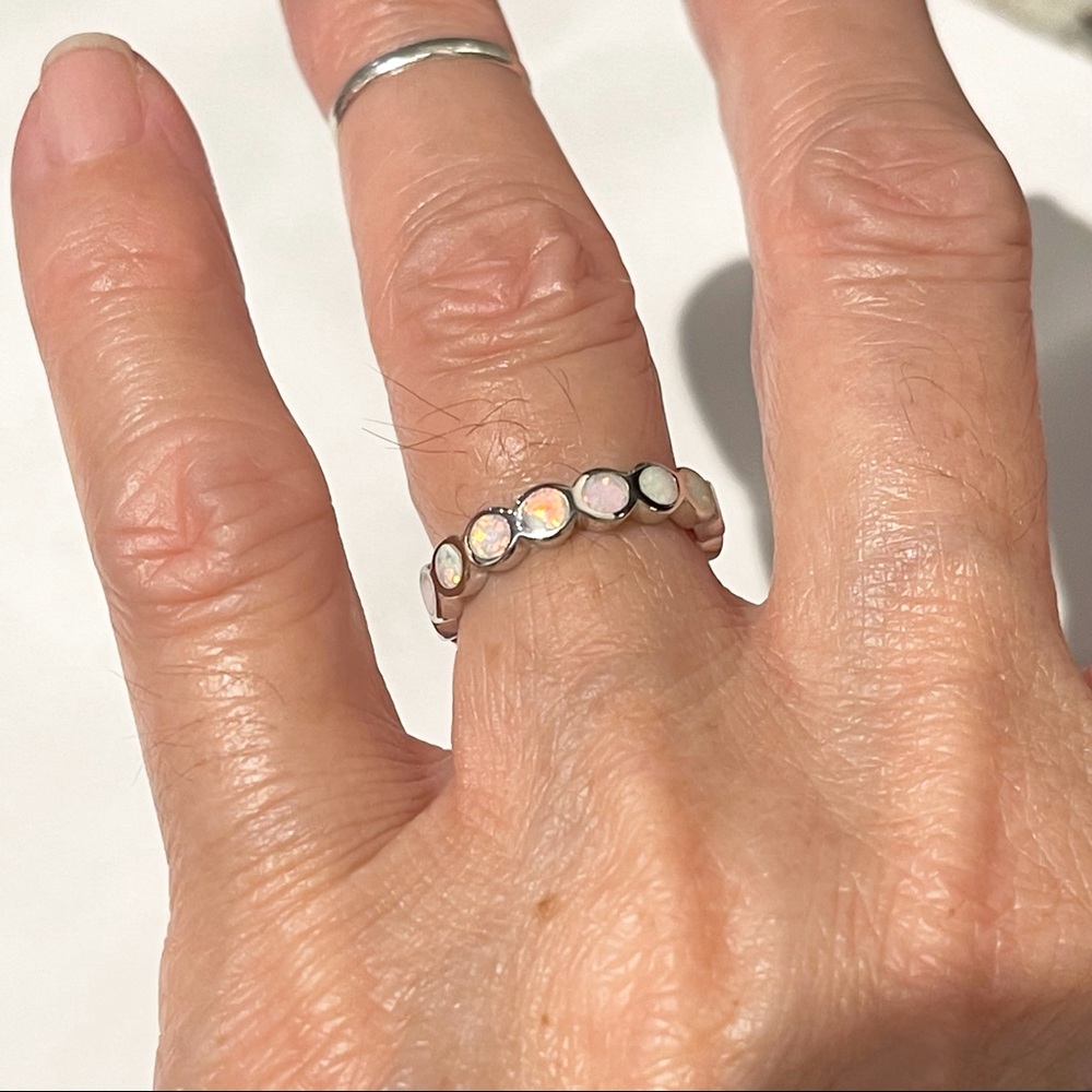 💕TOP SELLER💕 Silver Eternity White Lab Opal Band, Silver Ring, Wedding Bands - Picture 7 of 12